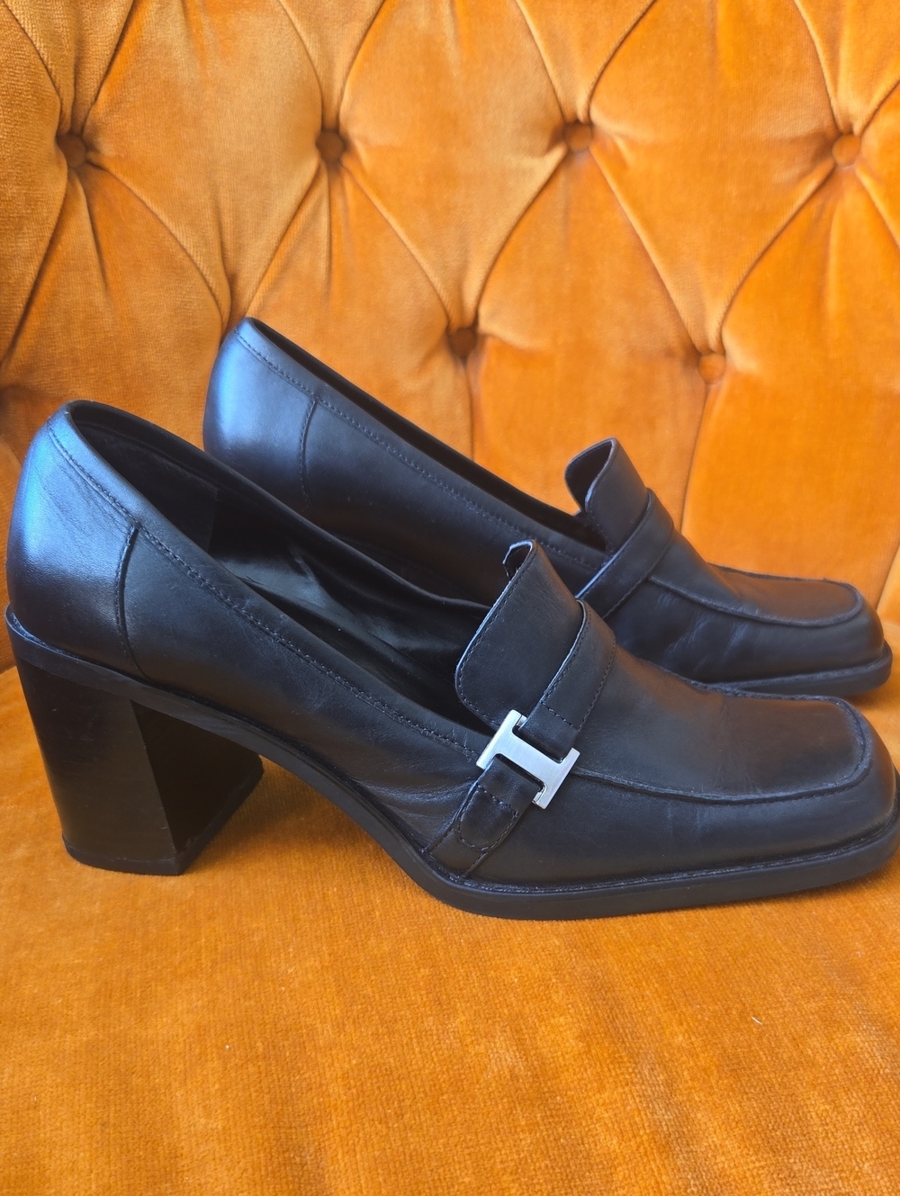 Barco Uniforms Black Leather Block Heel Loafers with Silver Accent